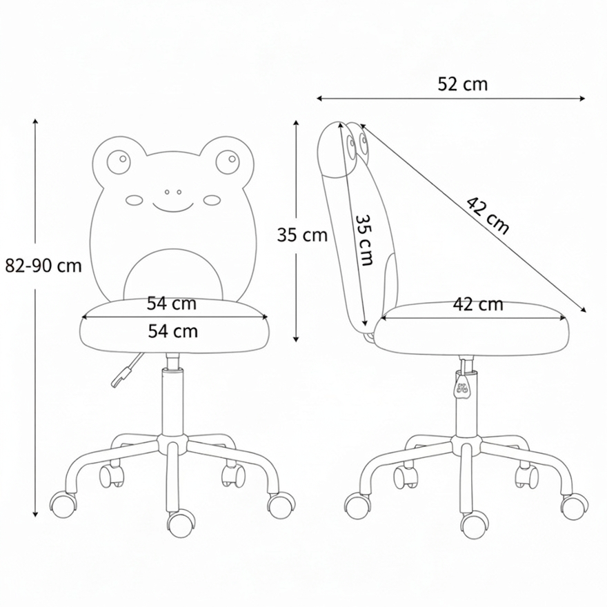 Dimensions of a frog-shaped desk chair with labeled measurements.