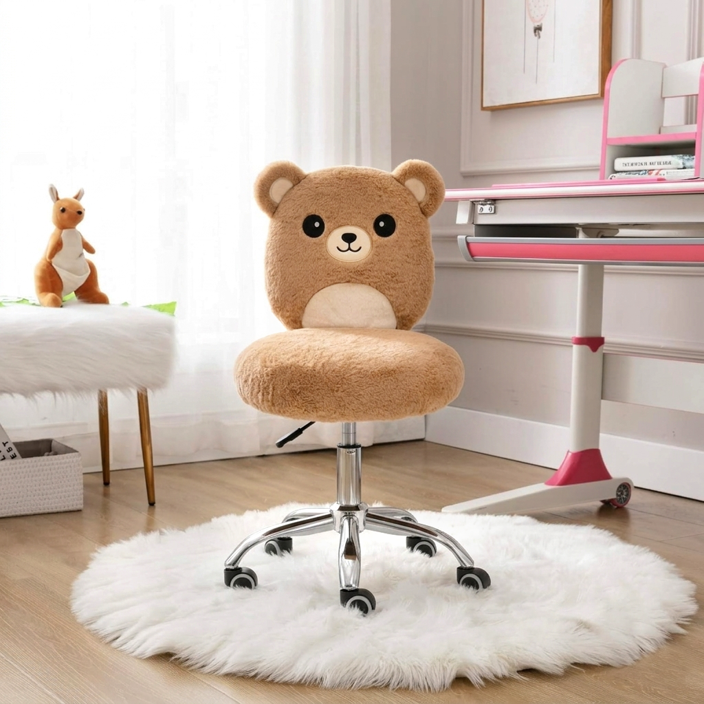 Children's room with a teddy bear chair and desk.
