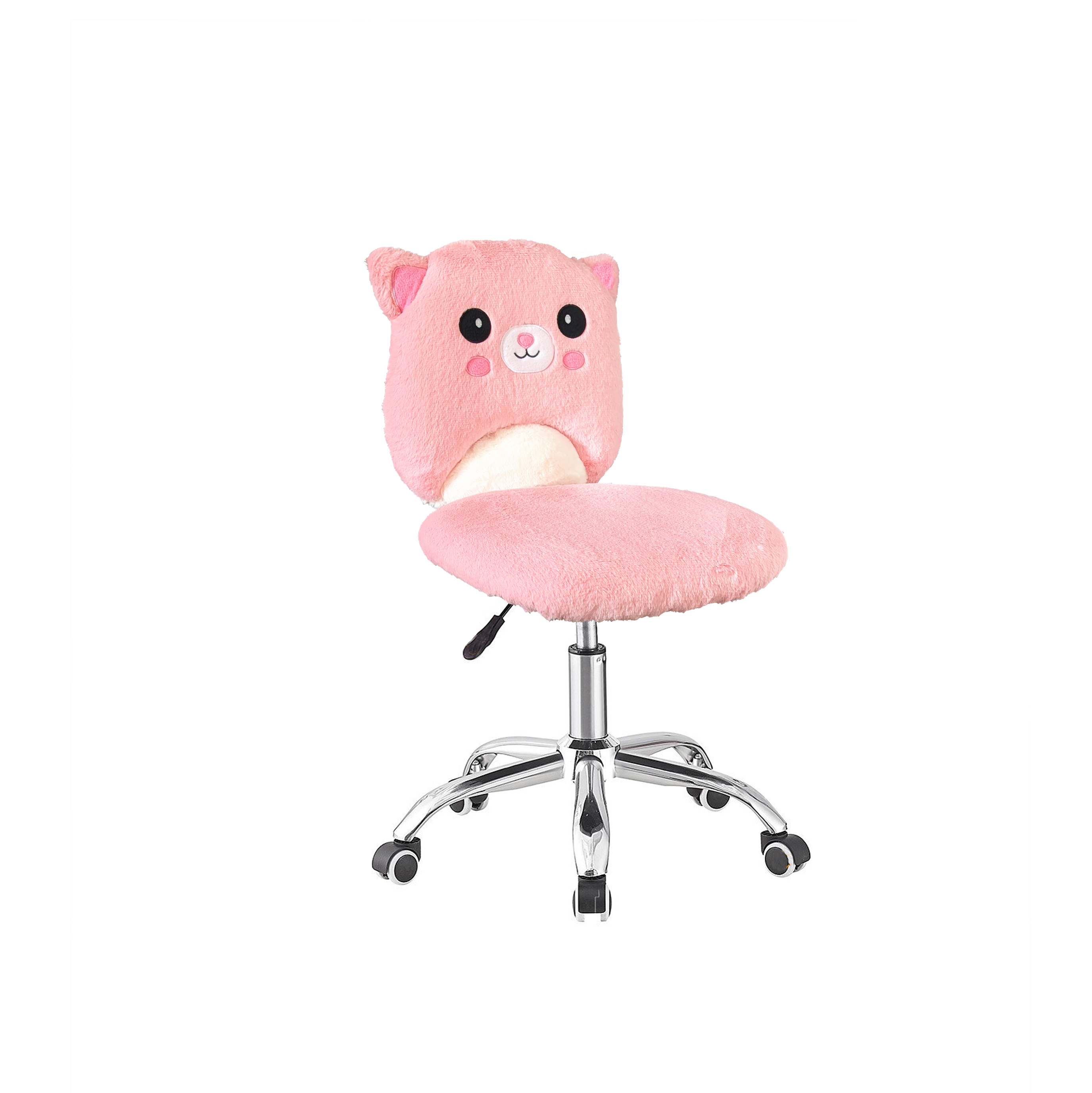 Pink cartoonish chair with a face on a white background