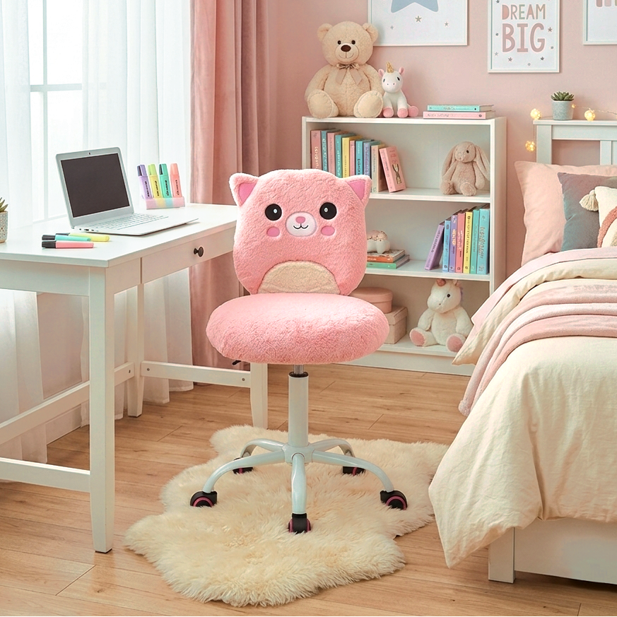 Children's room with a pink chair, desk, and decor elements.