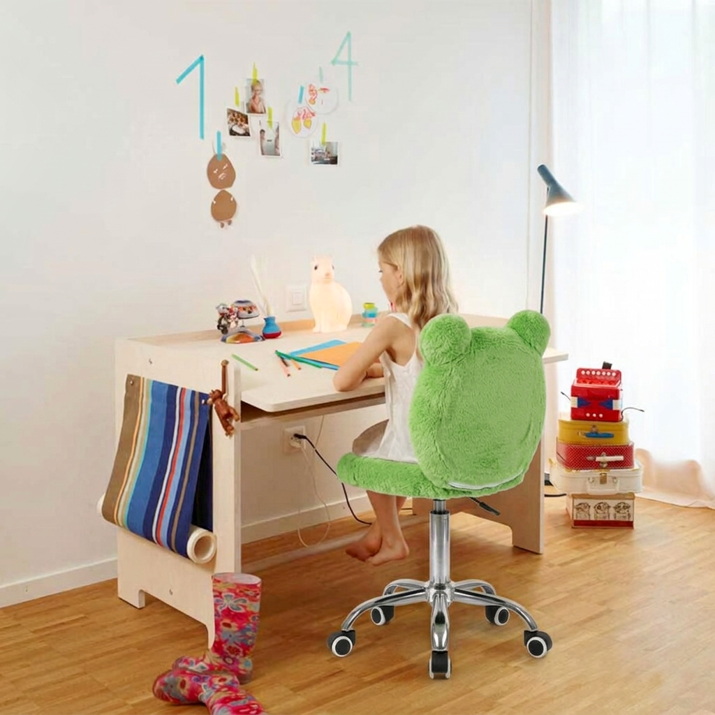 Child sitting at a desk with a green chair in a bright room