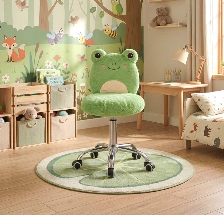 Children's room with a green frog-shaped chair, wooden desk, and colorful wall mural.