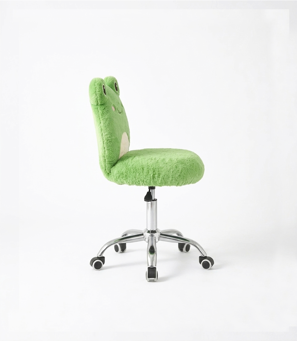 Green plush chair with a frog design on a white background